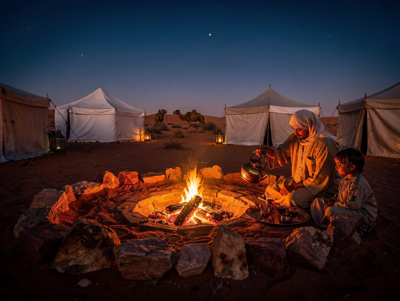 Bedouin tea break during the desert safari at golden hour