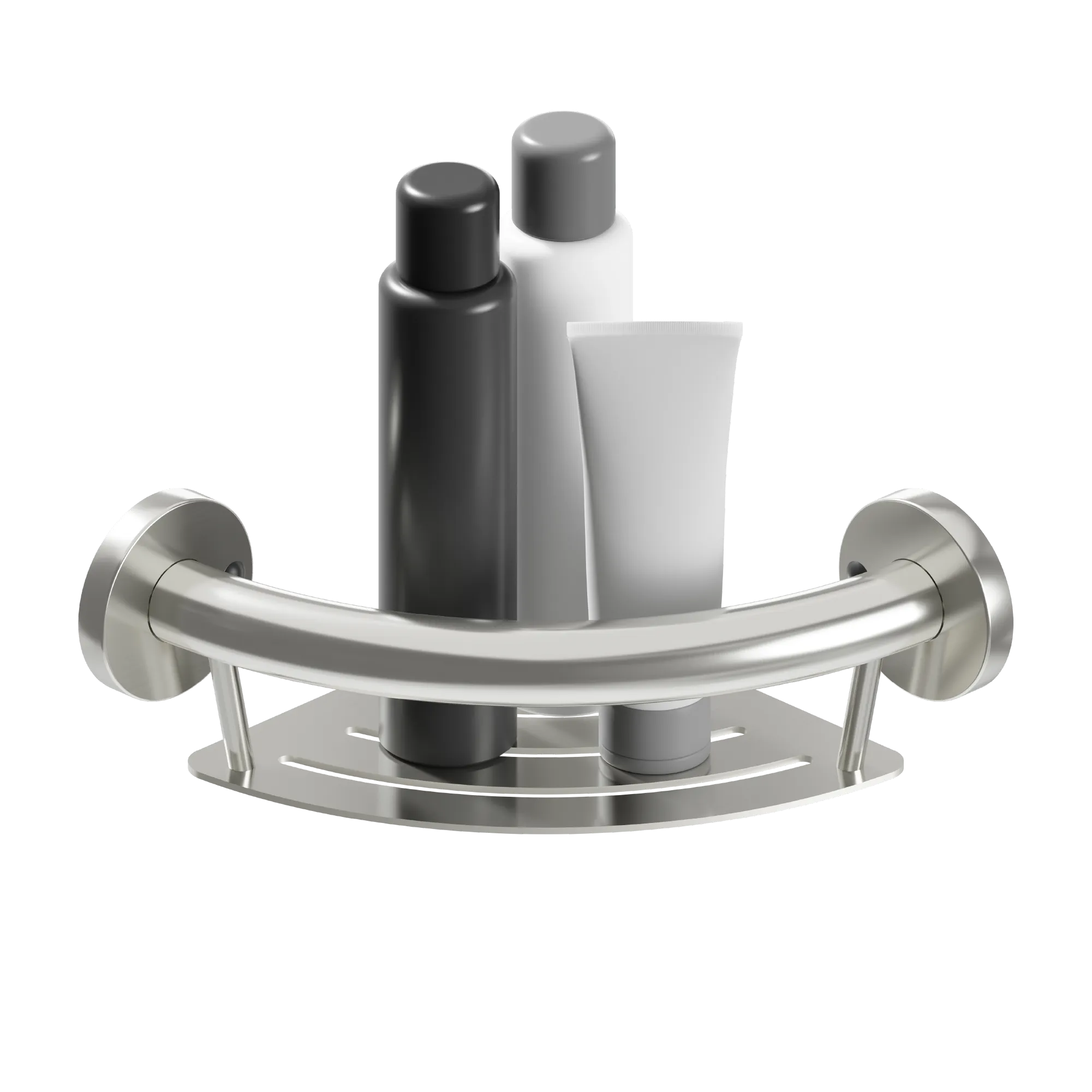 PLUS Series corner shelf grab bar isolated view with toiletries