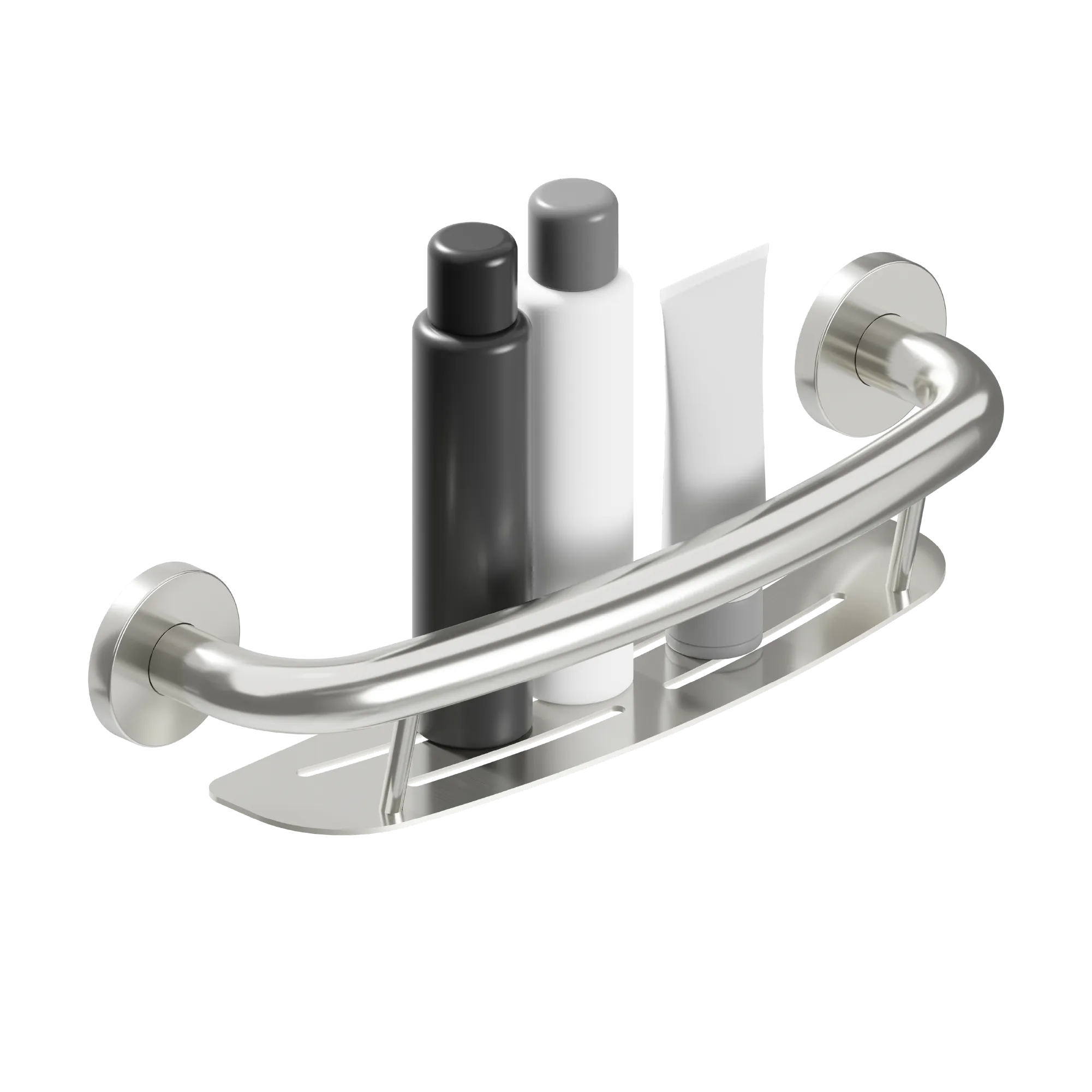 PLUS Series shampoo shelf with integrated grab rail holding bottles