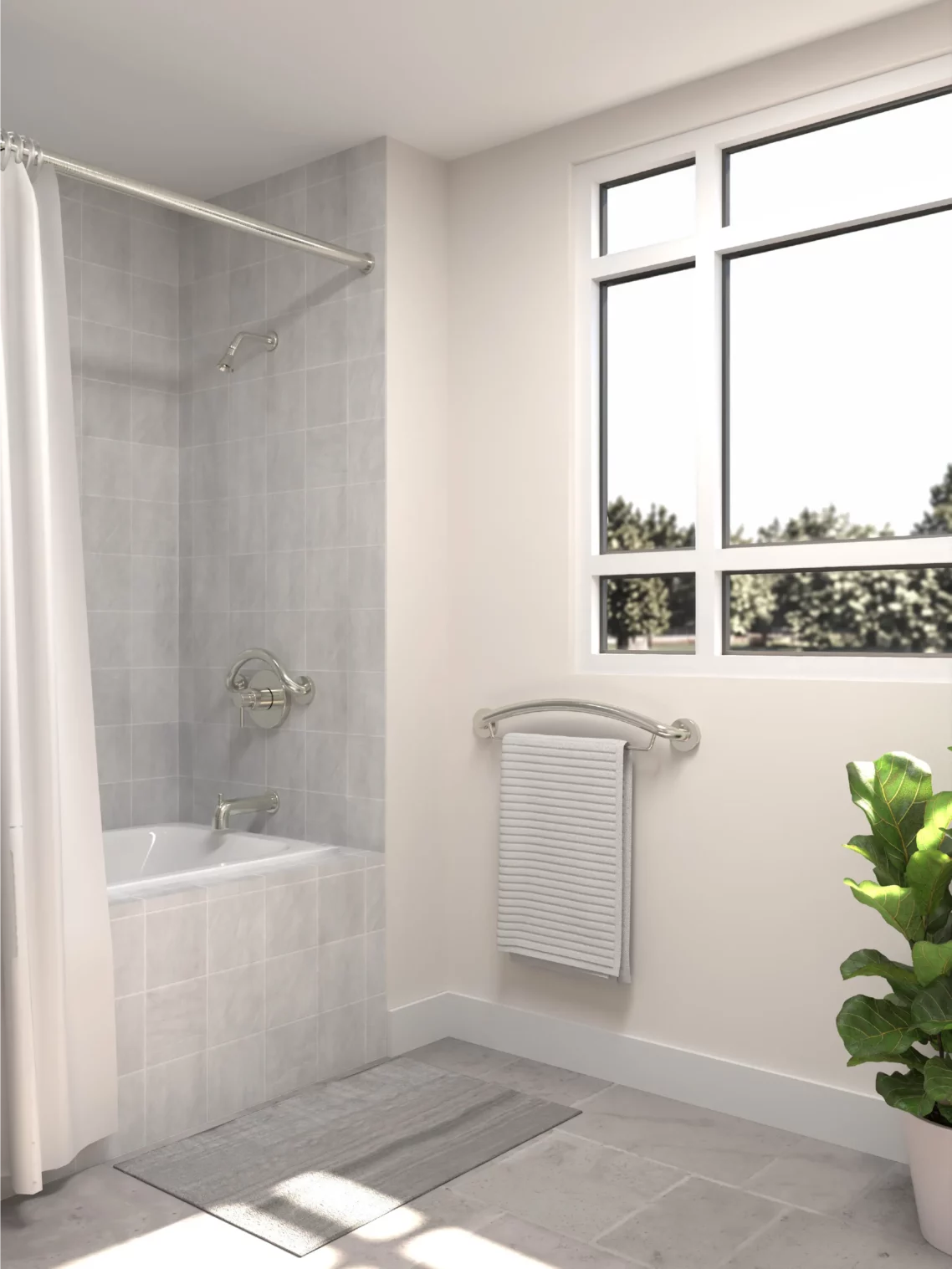 crescent grab bar installed in a shower