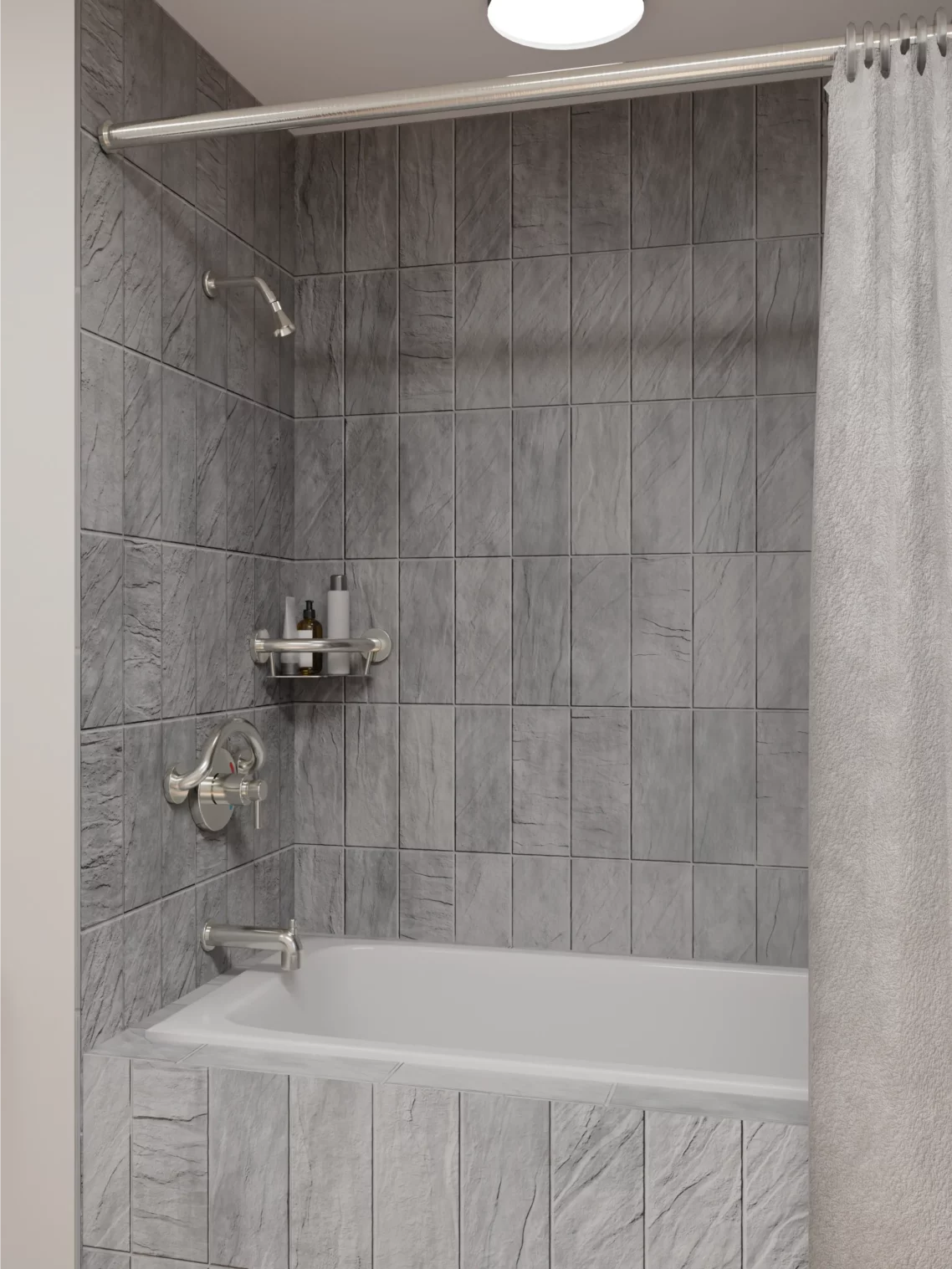 PLUS Series corner shelf mounted in a tiled corner with bottles
