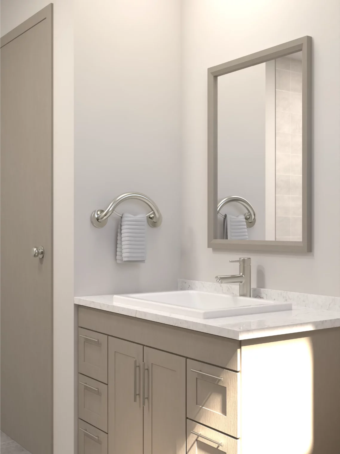 PLUS Series towel ring installed beside a sink vanity