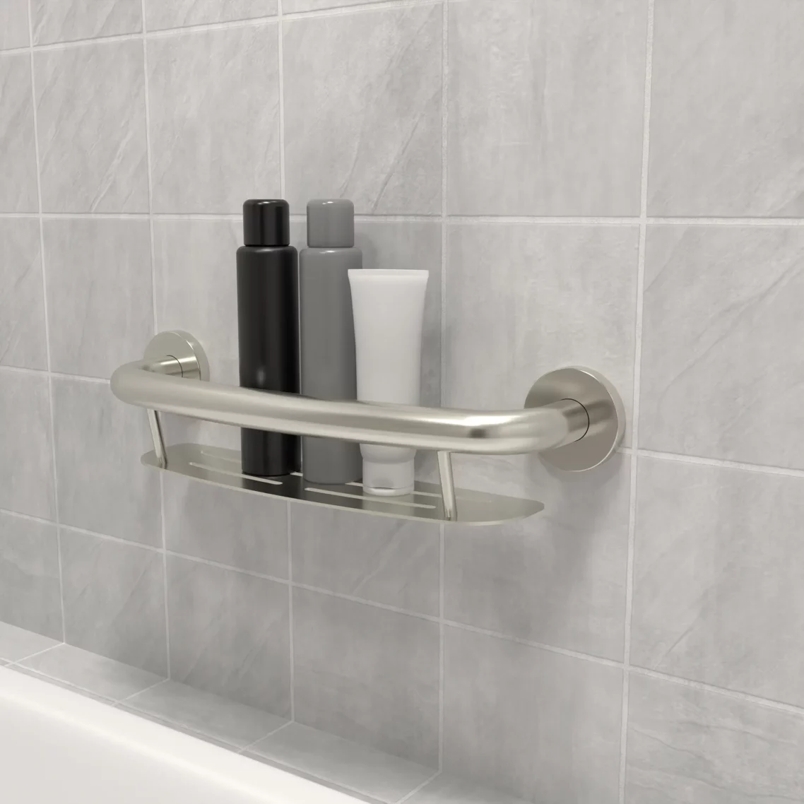 PLUS Series shampoo shelf installed on tiled shower wall in context