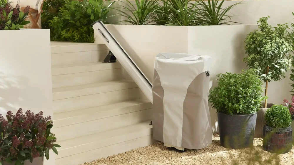 Weather-protective cover and outdoor components on HomeGlide Outdoor lift