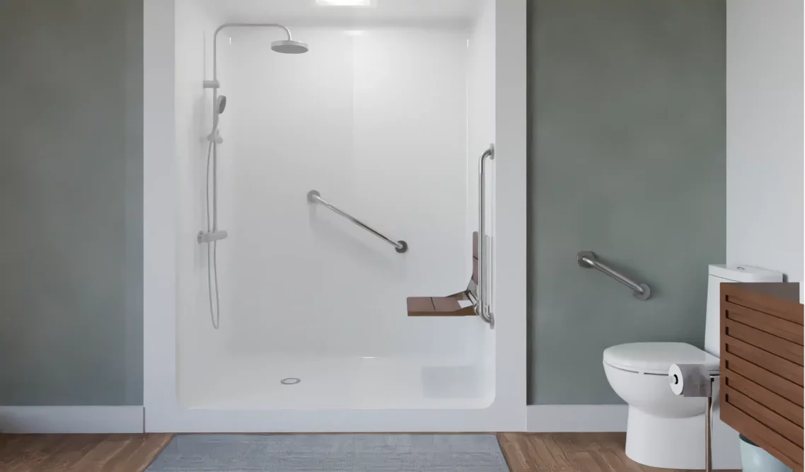 EasyMount grab bars installed at shower and toilet placement in a residential bathroom