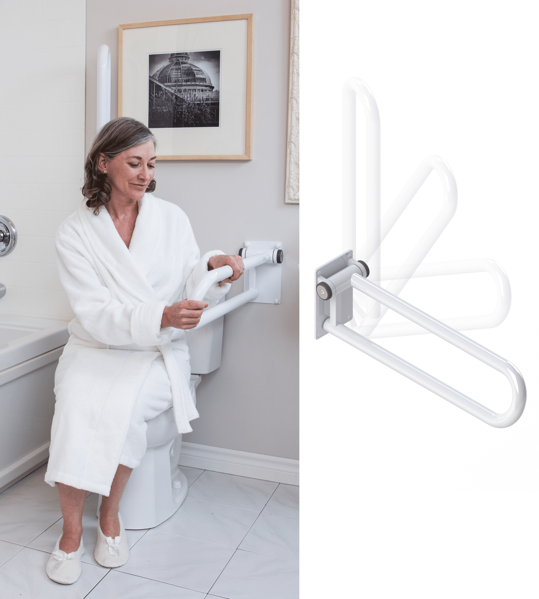 P.T. Rail fold-up toilet support rail in white finish with offset rail profile