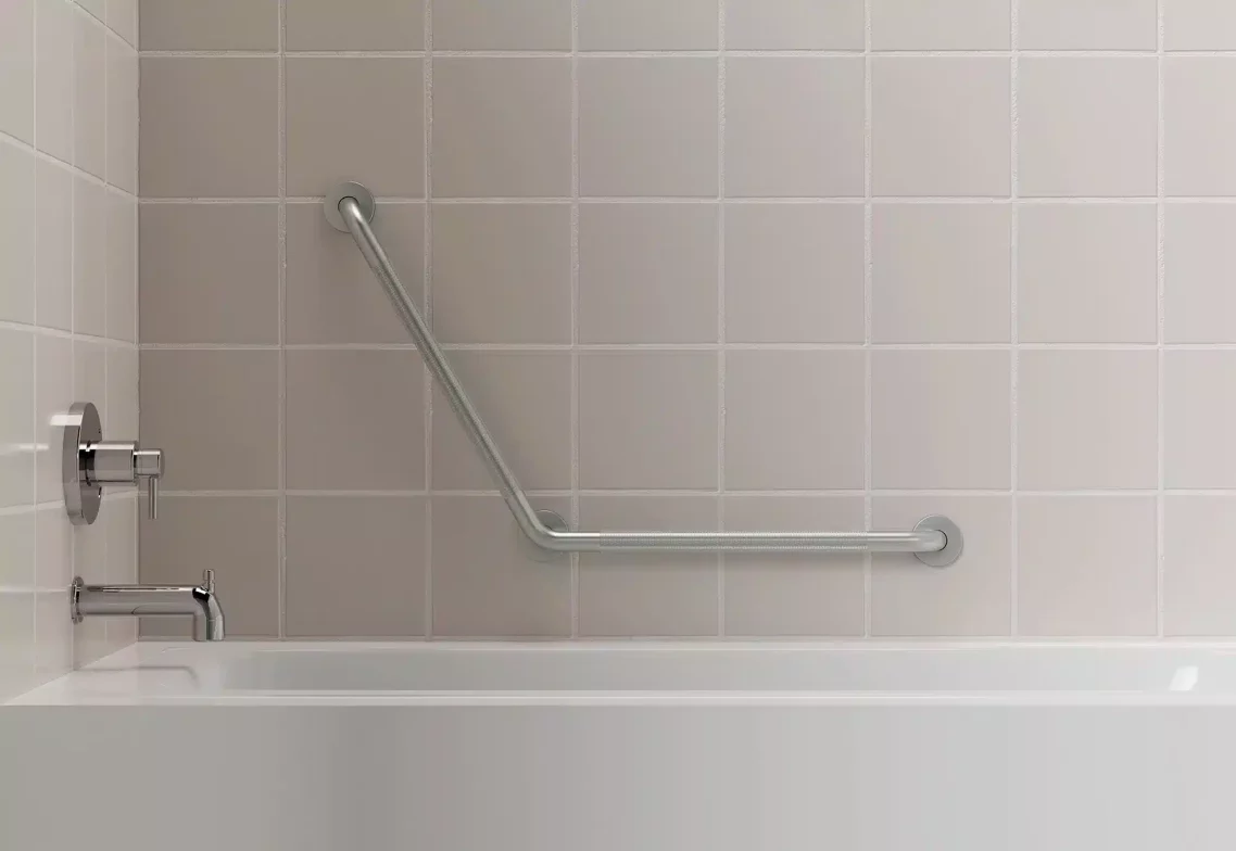 120 degree grab bar on a tiled bath/shower wall