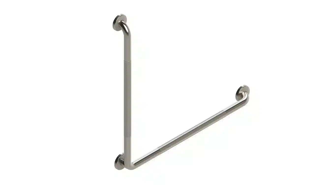 Commercial L-shaped 90 degree stainless steel grab bar with knurled grip