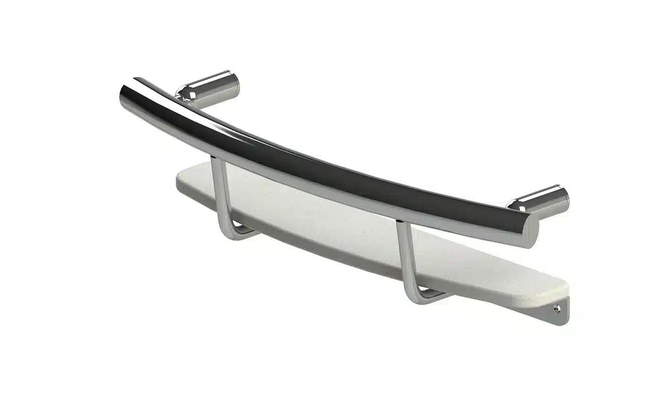 INVISIA shampoo shelf grab bar with solid-surface ledge and concealed mounting