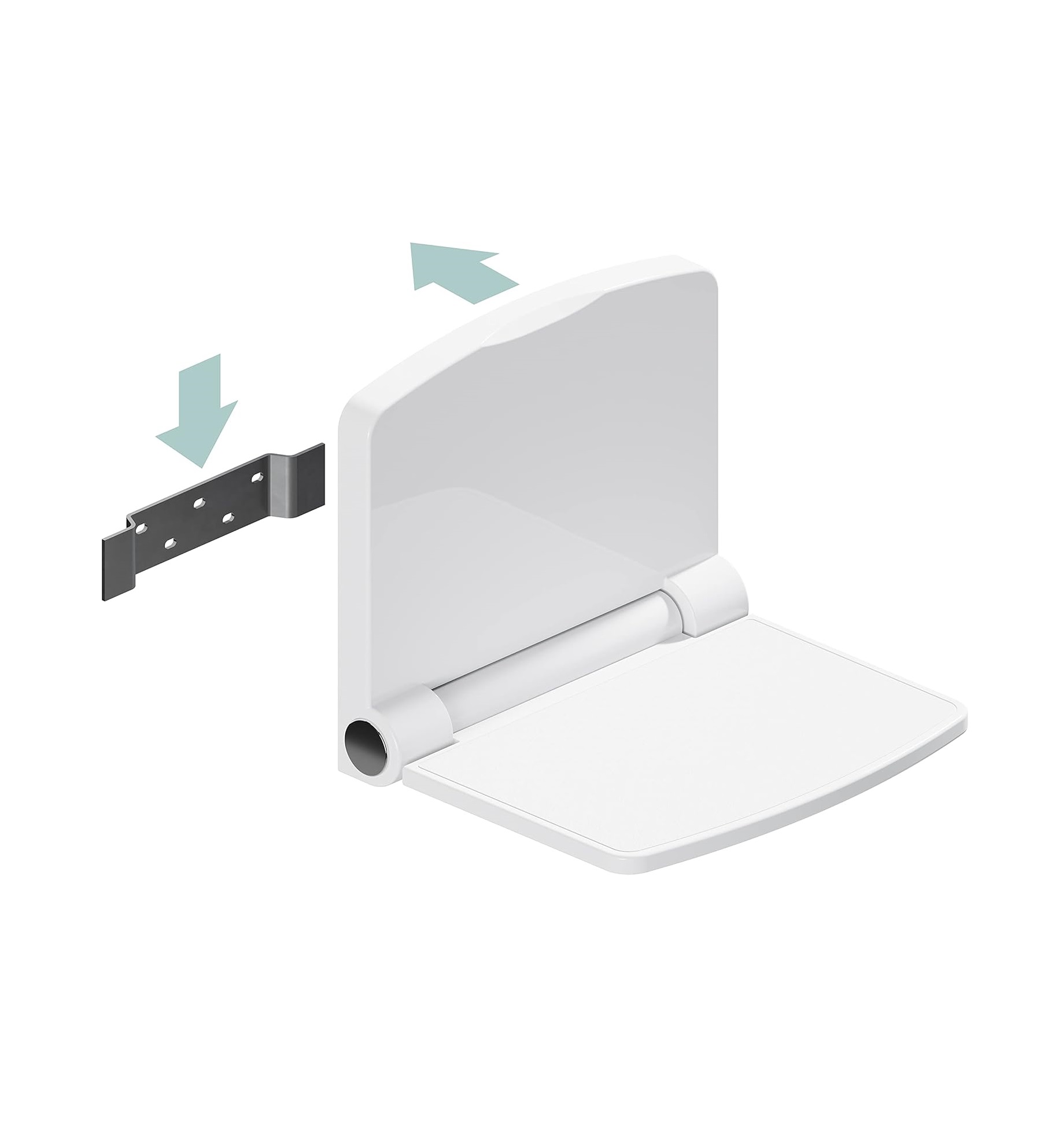 White fold-down shower seat mounted in a shower