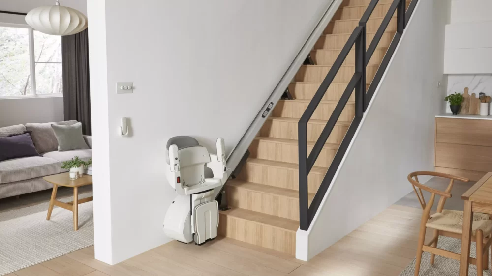 HomeGlide folded discreetly at the bottom landing of a staircase