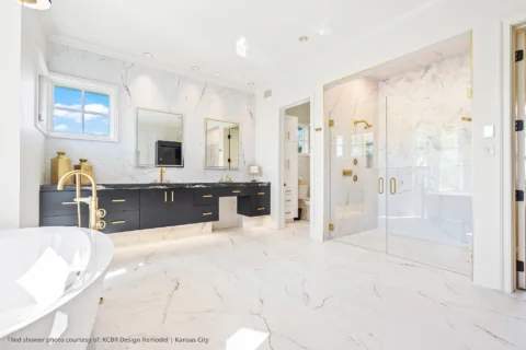 Accessible ensuite renovation featuring curbless walk-in tile shower