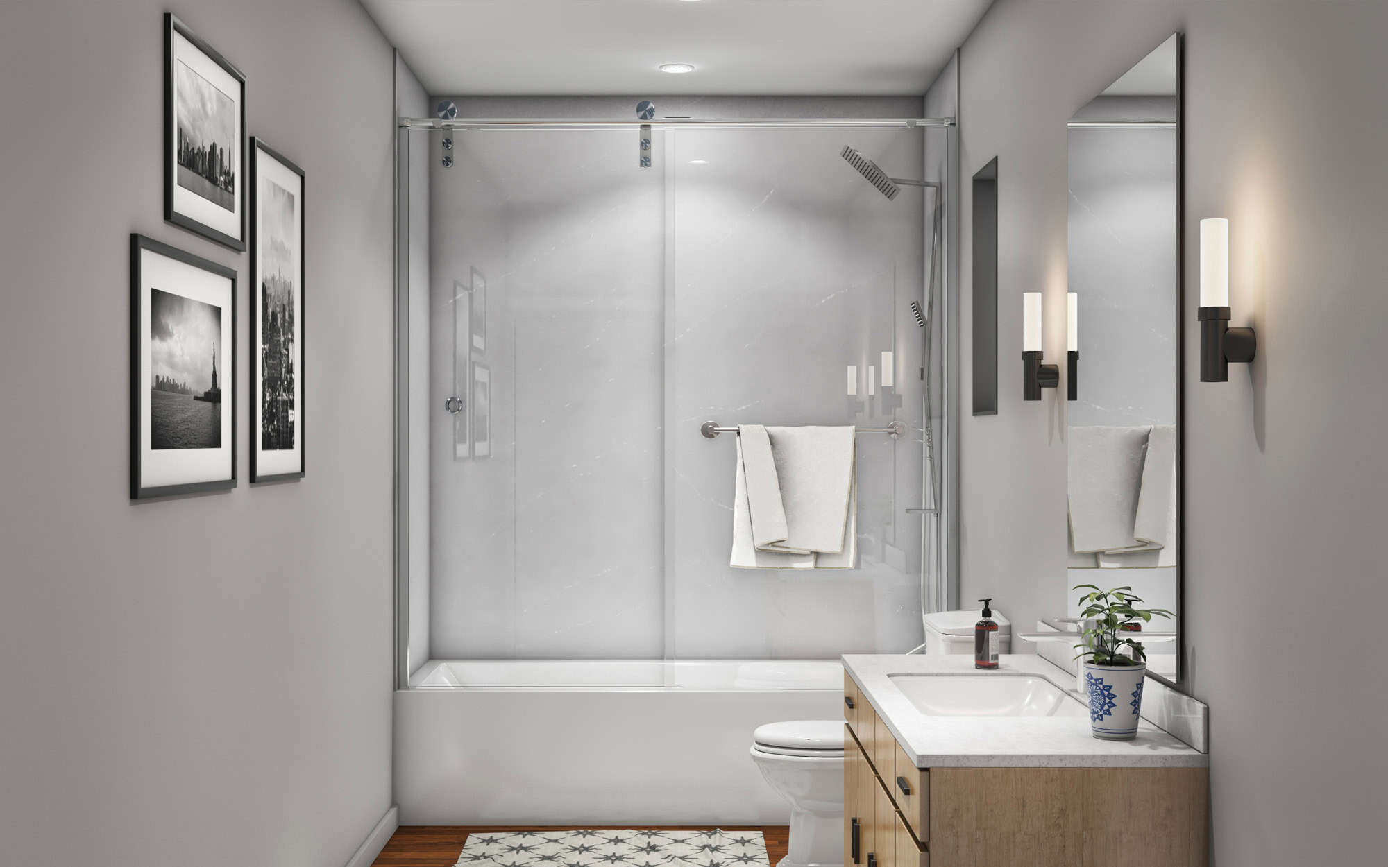 Sentrel tub-to-shower conversion with gray quartz-pattern walls