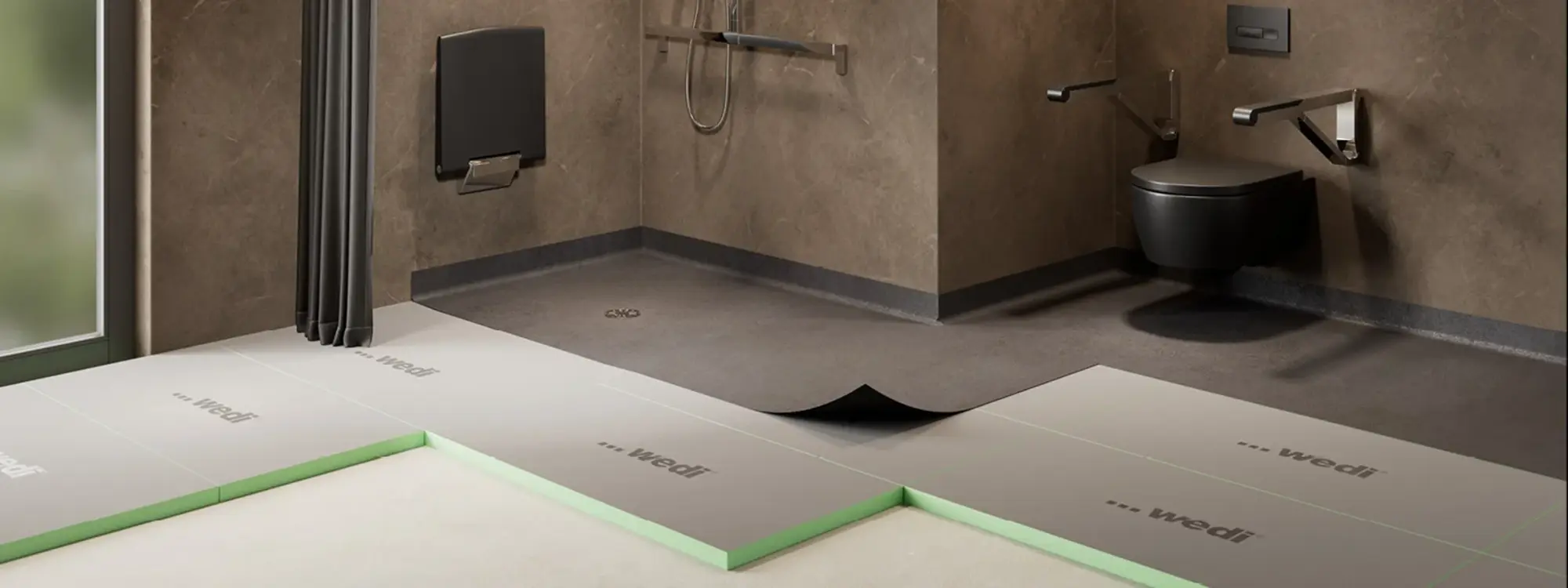 Accessible bathroom with level-access tiled shower