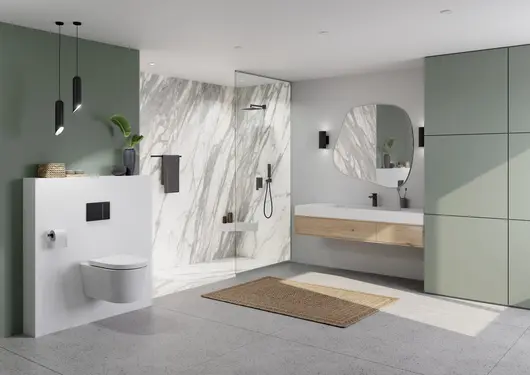 Modern bathroom with a wedi-built walk-in shower and tiled walls