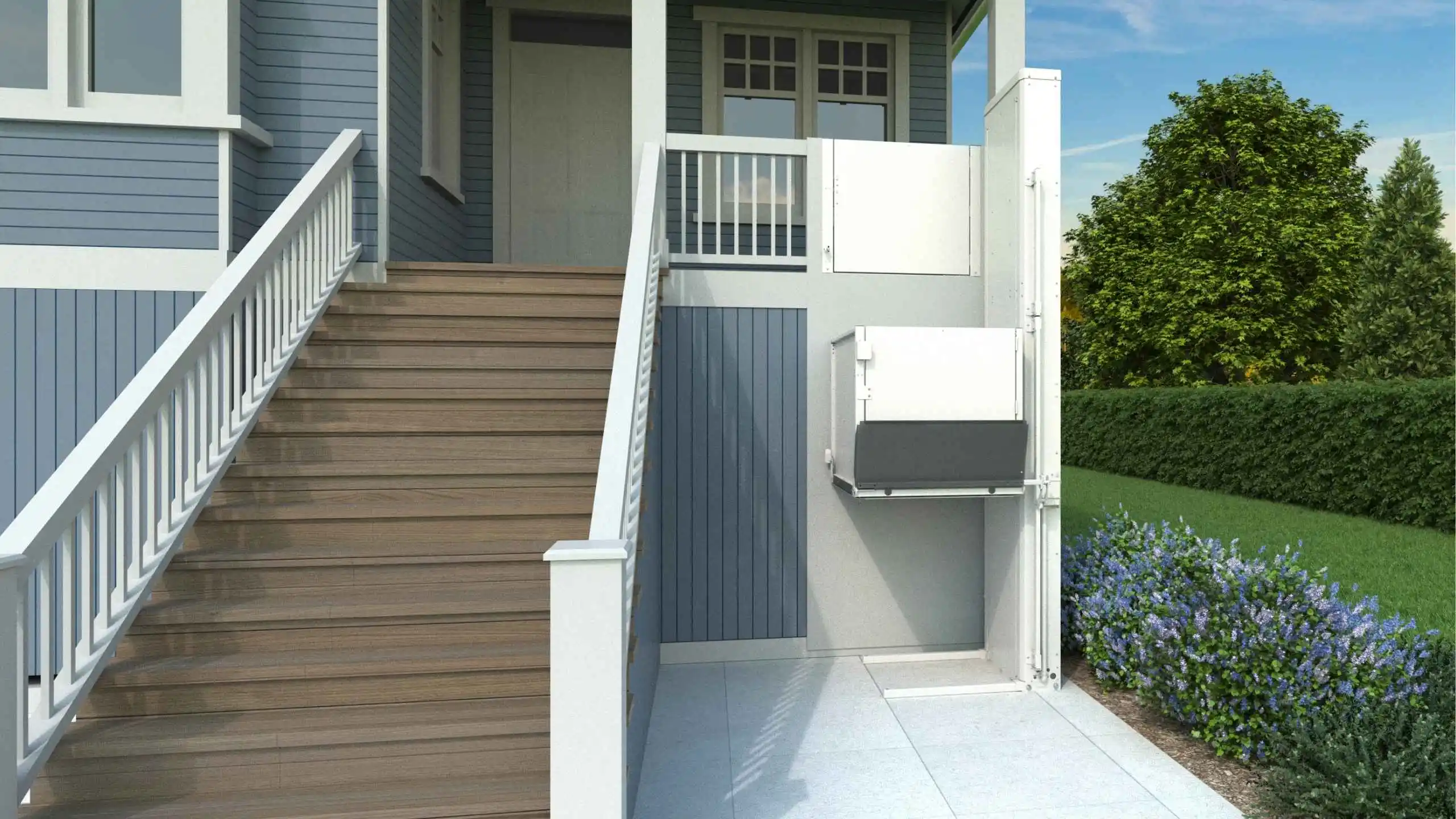 Bruno residential vertical platform lift beside a porch