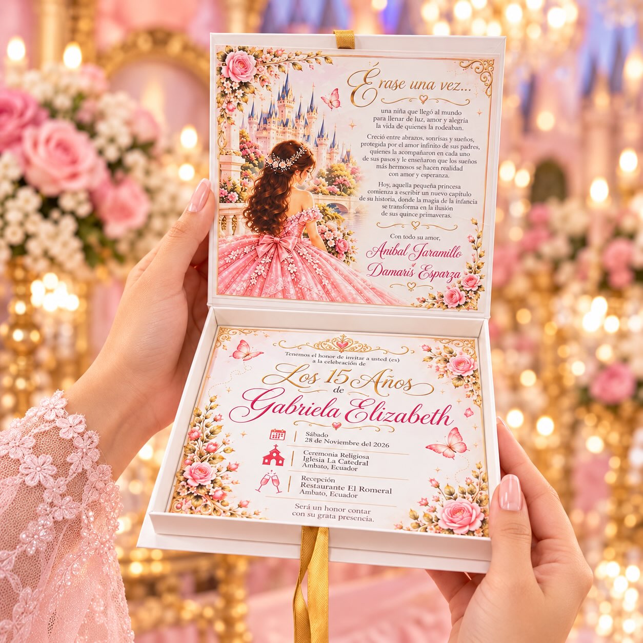 Invitación de quinceañera en caja de lujo con arte floral rosado