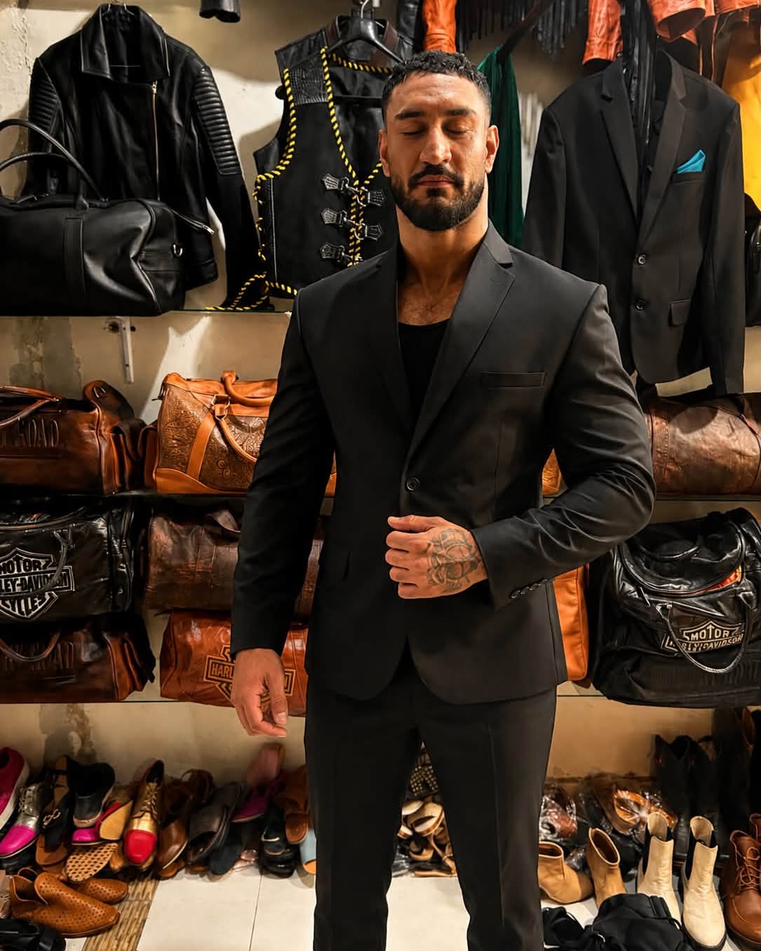 Custom tailored black two-piece suit tailored in the Bali atelier