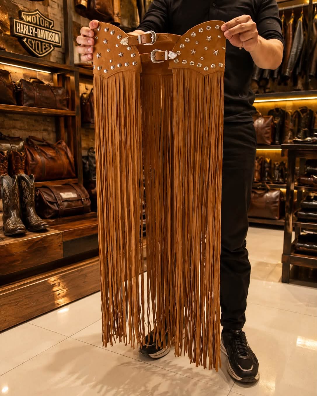 Tan fringed leather tassel belt detailed with silver studs and western buckle